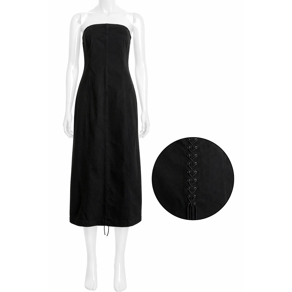 Vintage Goth Black Strapless Lace Up Corset Back Maxi Dress 8 Utility 90s Grunge